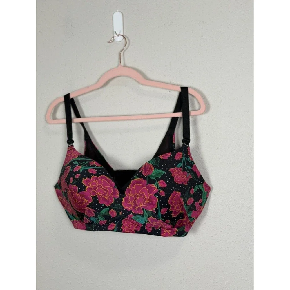 Torrid 40DDD Floral T-Shirt Bra Black Pink Full Coverage Underwire Plus Size